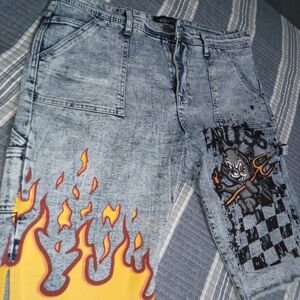 Encrypted Graphic Flame Print Jean Short